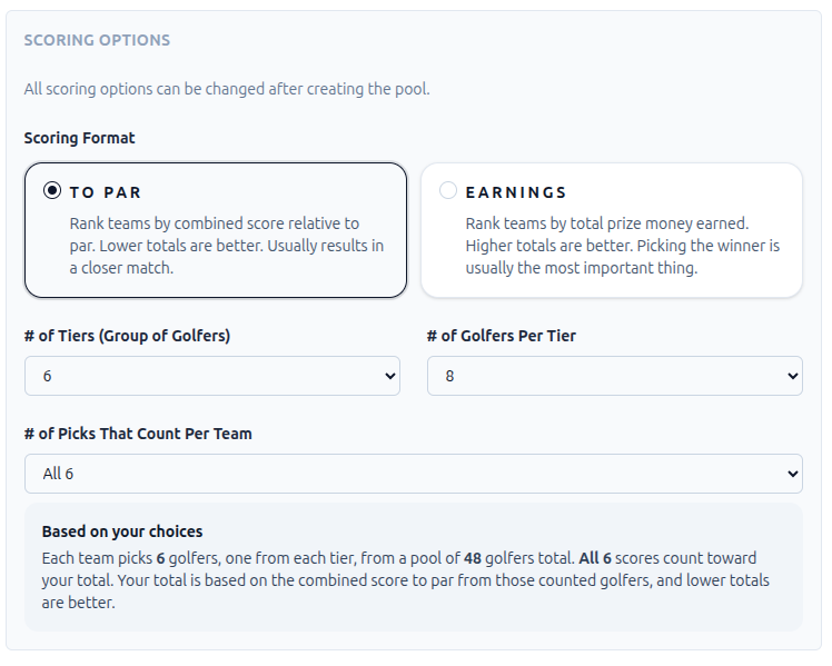 The scoring format options on the Create Pool form showing To Par and Earnings radio buttons