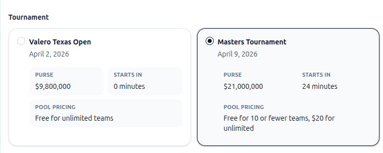 The tournament selector on the Create Pool form showing a dropdown list of available tournaments