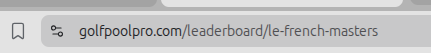 Golf pool leaderboard share URL highlighted in the browser address bar for easy copying and distribution