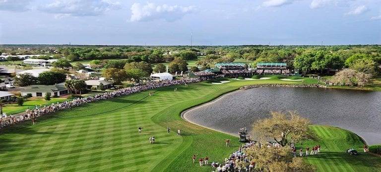 Deep green tournament artwork with palm silhouettes and water-guarded fairway shapes.