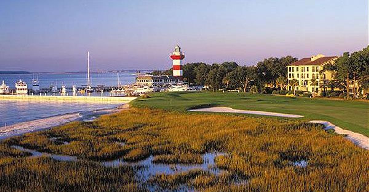 Harbour Town inspired artwork with lighthouse tones and low-country fairway geometry.