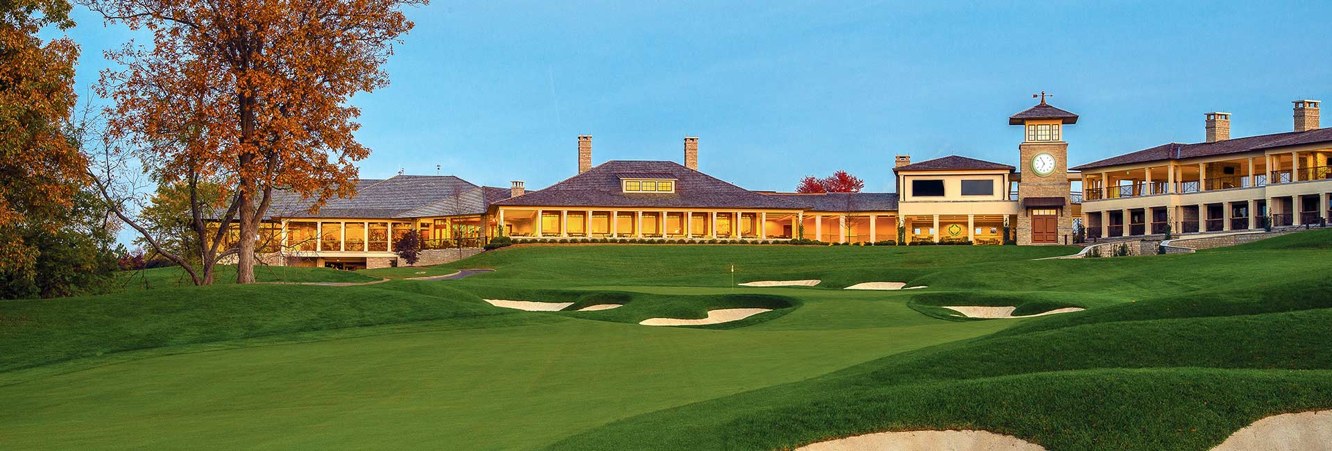 Ohio tournament artwork with dense greens, water carries, and memorial-style stone tones.